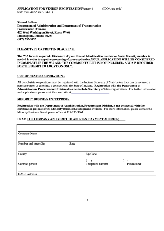 Fillable Form 47228 - Application For Vendor Registration - State Of Indiana Printable pdf