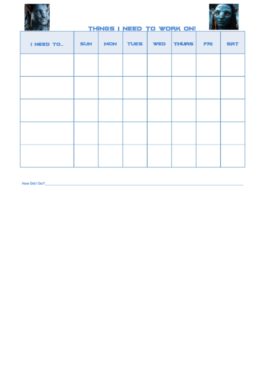 Things I Need To Work On Behaviour Chart - Avatar Printable pdf