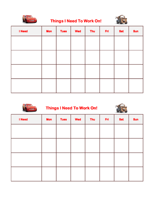 Things I Need To Work On Behaviour Chart - Cars Printable pdf