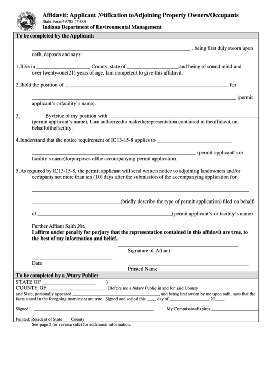 Fillable Form 49785 - Affidavit: Applicant Notification To Adjoining Property Owners/occupants - State Of Indiana Printable pdf