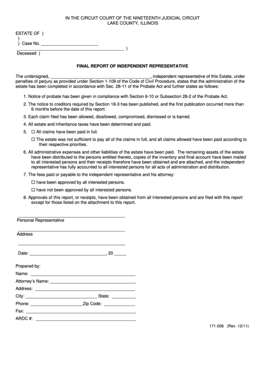 Fillable Final Report Of Independent Representative Form - Lake County, Illinois Printable pdf