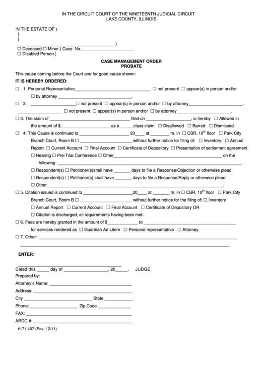 Fillable Case Management Order Probate Form - Lake County, Illinois Printable pdf