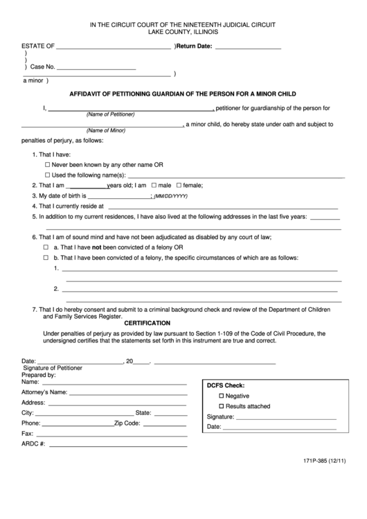 Fillable Affidavit Of Petitioning Guardian Of The Guardian Of The Person For A Minor Child Form - Lake County, Illinois Printable pdf