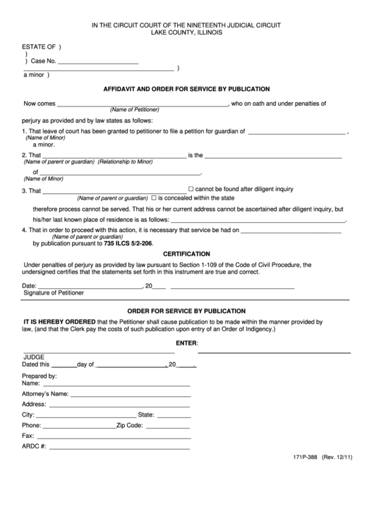 Fillable Affidavit And Order For Service By Publication Form - Lake County, Illinois Printable pdf