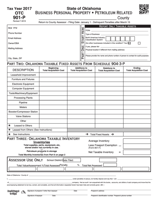 Fillable Form Otc 901-P - Business Personal Property - Petroleum Related - 2017 Printable pdf