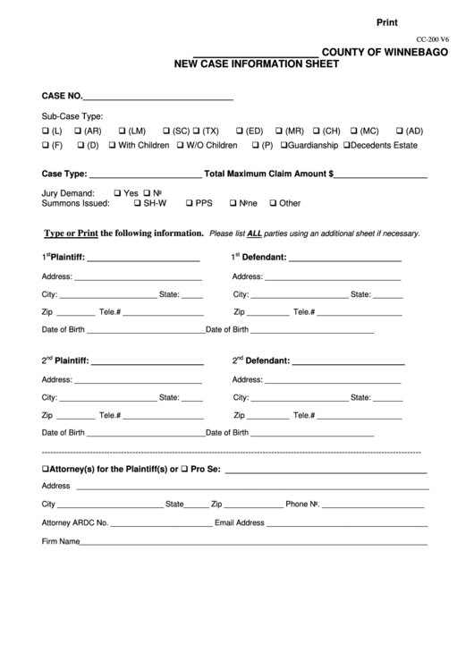 Fillable Form Cc-200 - New Case Information Sheet Printable pdf