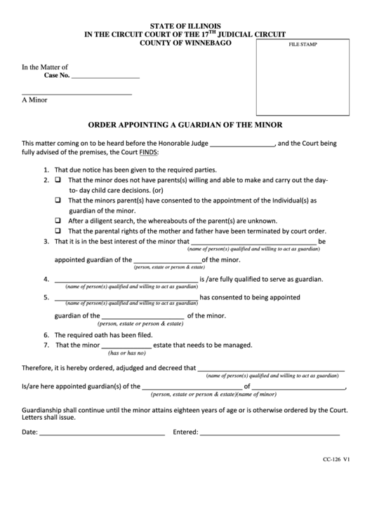 Fillable Form Cc-126 - Order Appointing A Guardian Of The Minor Form - County Of Winnebago, Illinois Printable pdf