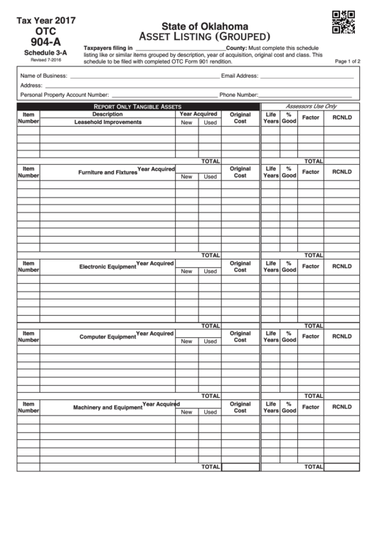 Fillable Schedule 3-A - Form Otc 904-A - Asset Listing (Grouped) - 2017 Printable pdf