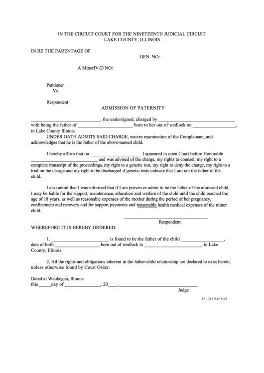 Fillable Admission Of Paternity Form - Lake County, Illinois Printable pdf