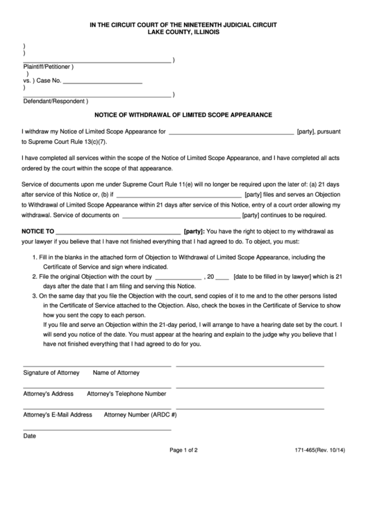 Fillable Notice Of Withdrawal Of Limited Scope Of Appearance Form - Lake County, Illinois Printable pdf