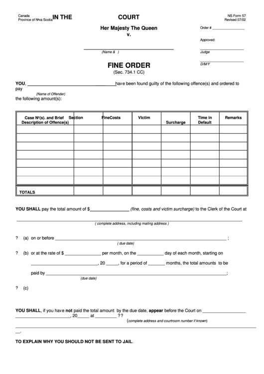 Ns Form 57 - Fine Order Form - Nova Scotia, Canada Printable pdf