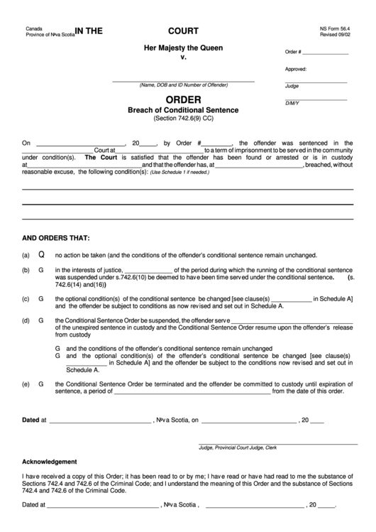 Ns Form 56.4 - Order (Breach Of Conditional Sentence) Printable pdf