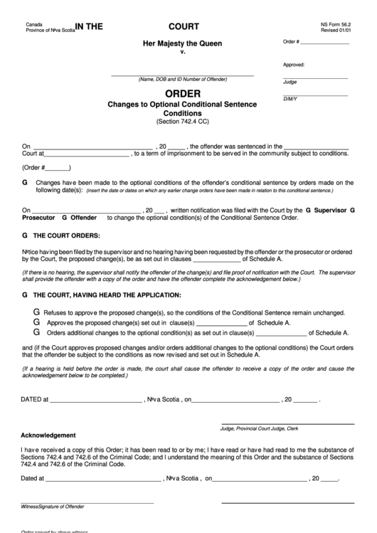 Ns Form 56.2 - Order (Changes To Optional Conditional Sentence Conditions) Printable pdf