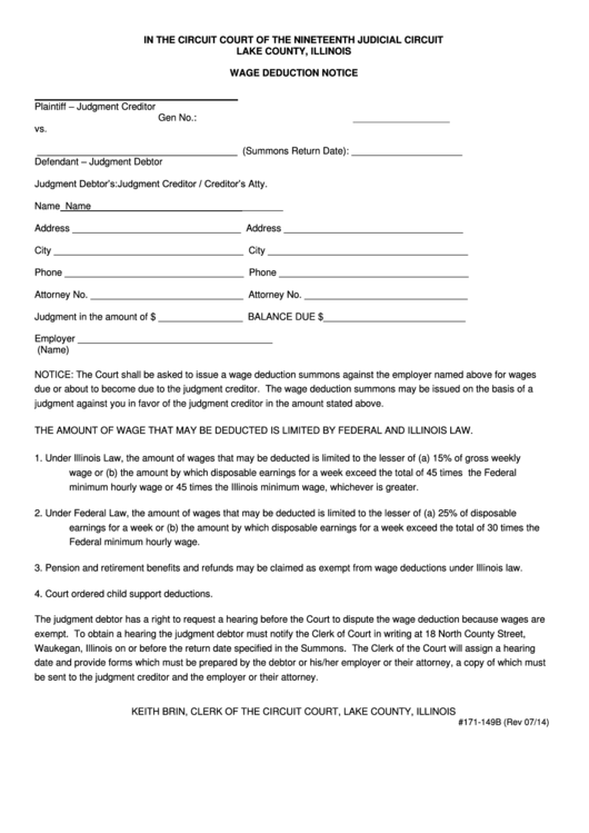Fillable Wage Deduction Notice Form - Lake County, Illinois Printable pdf