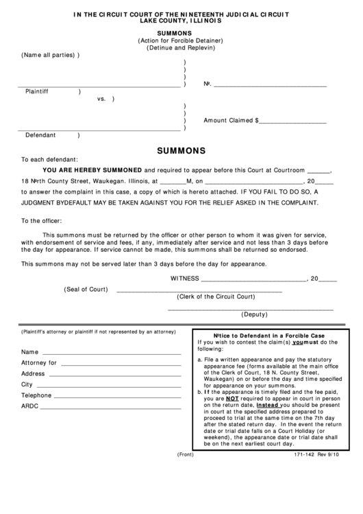 Form 171-142 - Summons Form - Lake County, Illinois Printable pdf