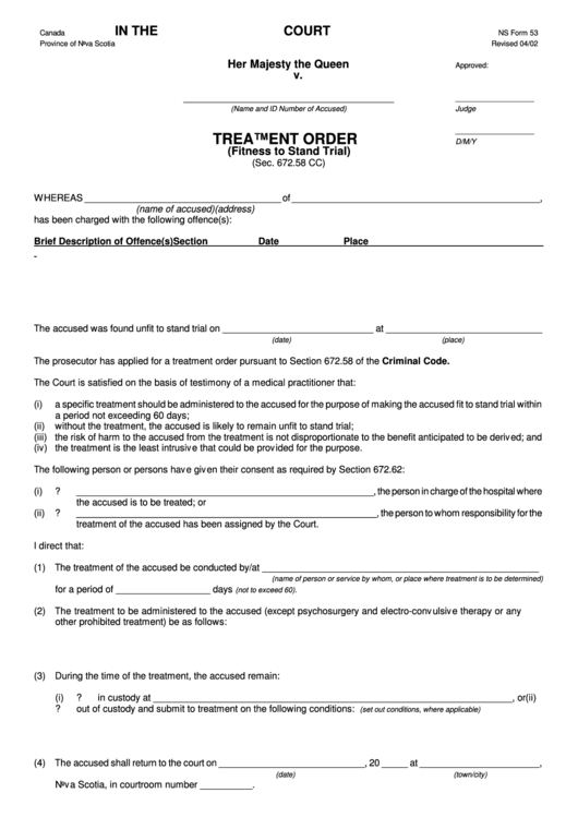Treatment Order (Fitness To Stand Trial) Form - Nova Scotia, Canada Printable pdf