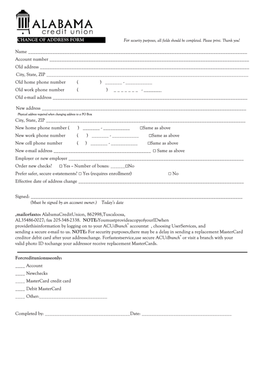 Fillable Change Of Address Form - Alabama Credit Union Printable pdf