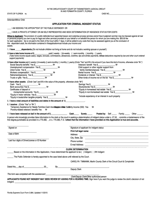 Fillable Form 3.984 - Application For Criminal Indigent Status Form - Martin County, Florida - 2015 Printable pdf