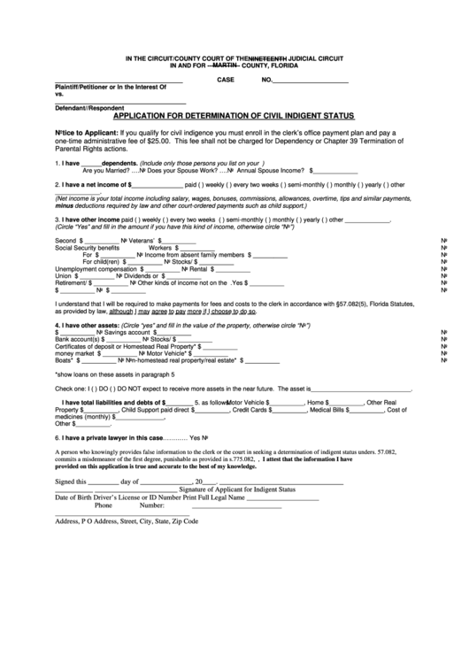Fillable Application For Determination Of Civil Indigent Status - Martin County, Florida Printable pdf