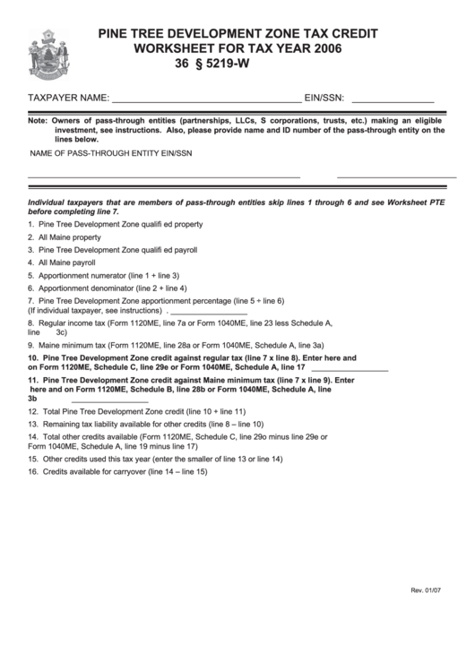 Pine Tree Development Zone Tax Credit Worksheet For Tax Year 2006 - Maine Department Of Revenue Printable pdf