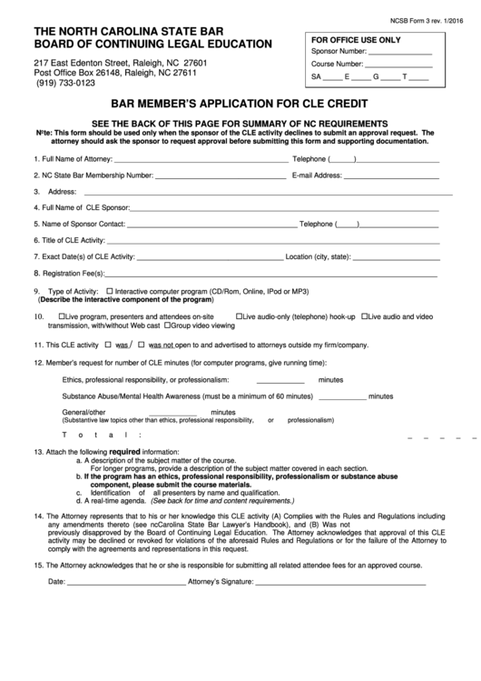 Fillable Ncsb Form 3 Bar Member'S Application For Cle Credit