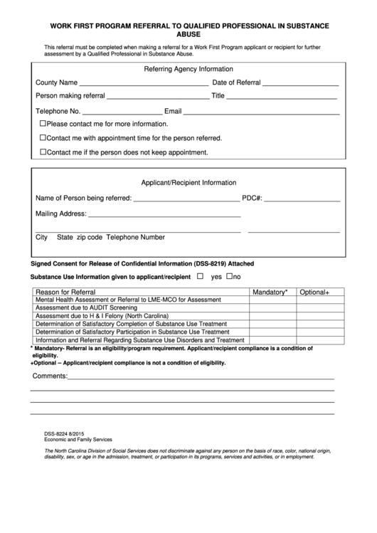 Fillable Form Dss-8224 - Work First Program Referral To Qualified Professional In Substance Abuse - North Carolina Printable pdf