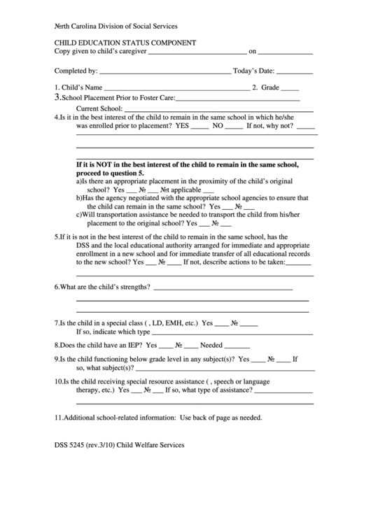 Fillable Form Dss 5245 - Child Education Status Component - North Carolina Division Of Social Services Printable pdf