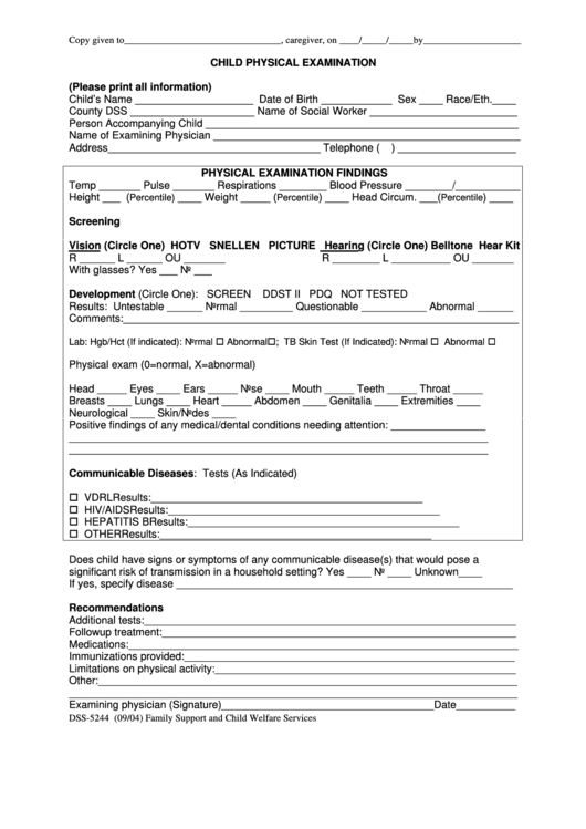 Form Dss-5244 - Child Physical Examination - North Carolina Printable pdf