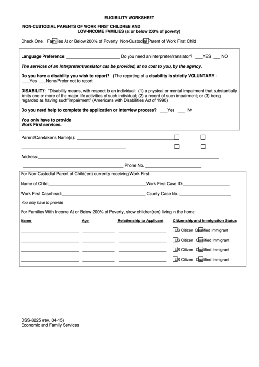 Fillable Form Dss-8225 - Eligibility Worksheet - North Carolina Printable pdf