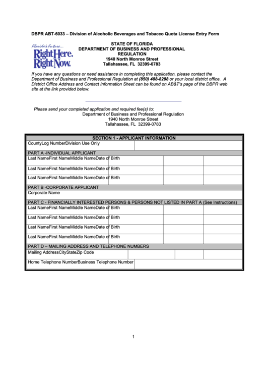 Dbpr Form Abt-6033 - Examination Application Printable pdf