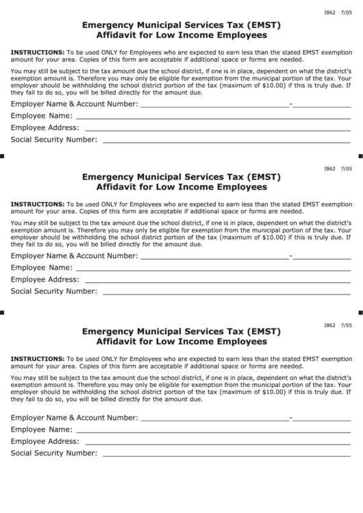 Form I862 - Affidavit For Low Income Employees -Emergency Municipal Services Tax (Emst) Printable pdf