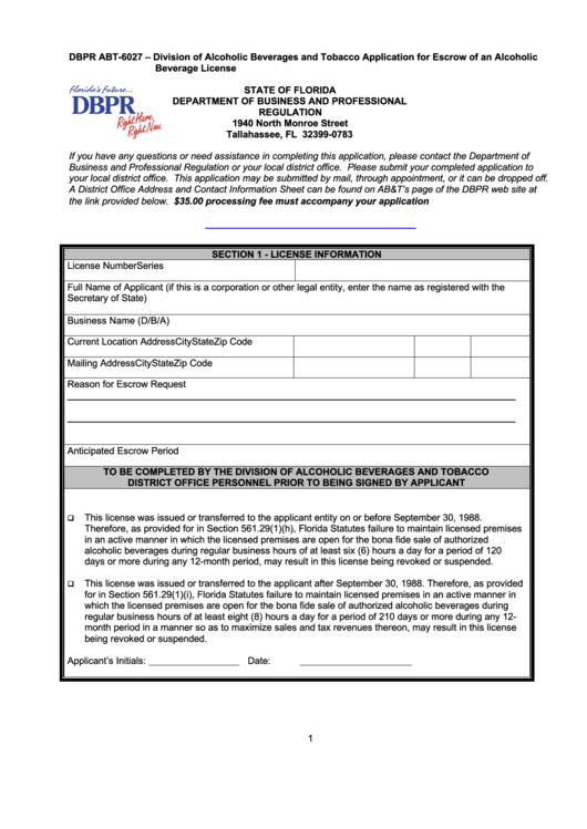 Dbpr Form Abt-6027 - Examination Application Printable pdf