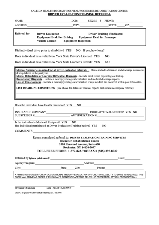 Driver Evaluation/training Referral Form - Rochester Printable pdf