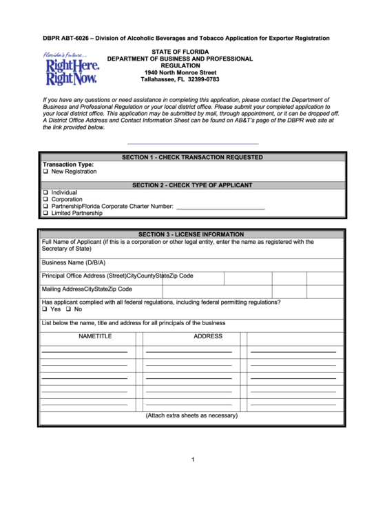 Dbpr Form Abt-6026 - Examination Application Printable pdf