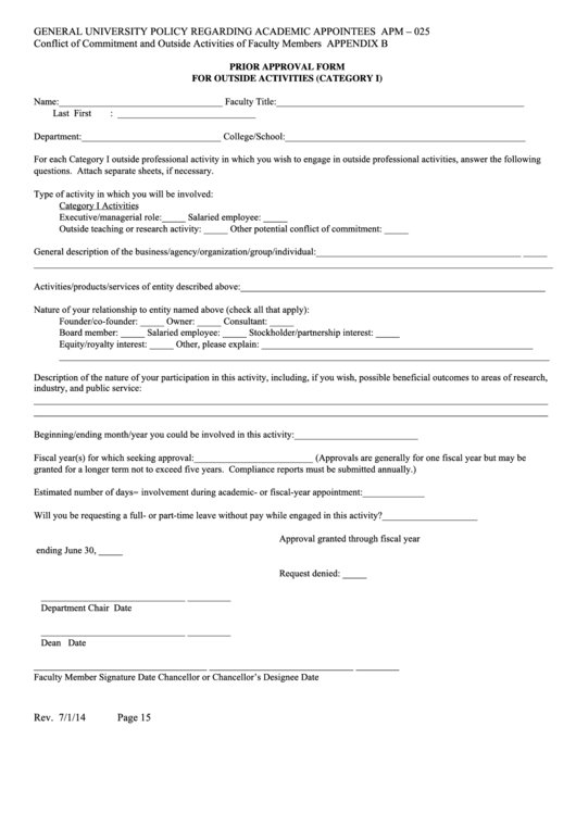Fillable Form Apm 025 - Prior Approval Form For Outside Activities - Category 1 Printable pdf
