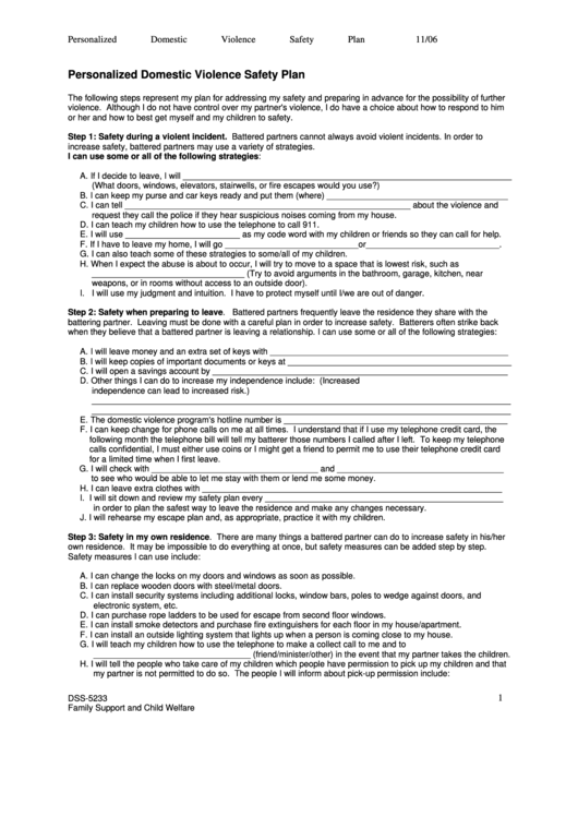 Form Dss 5233 Personalized Domestic Violence Safety Plan Family 