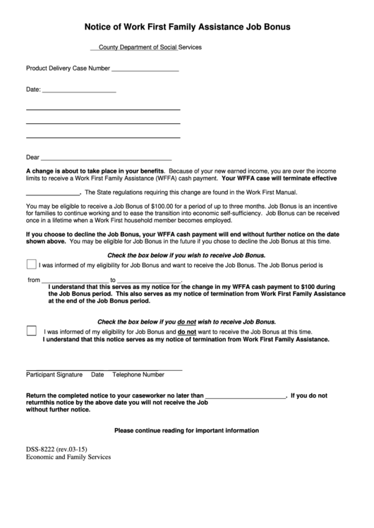 Fillable Form Dss-8222 - Notice Of Work First Family Assistance Job Bonus - North Carolina Printable pdf