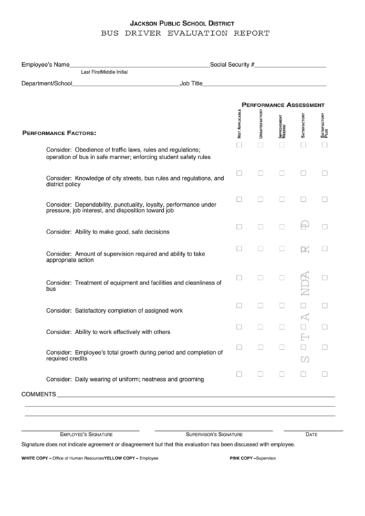 Fillable Bus Driver Evaluation Report Template Printable pdf