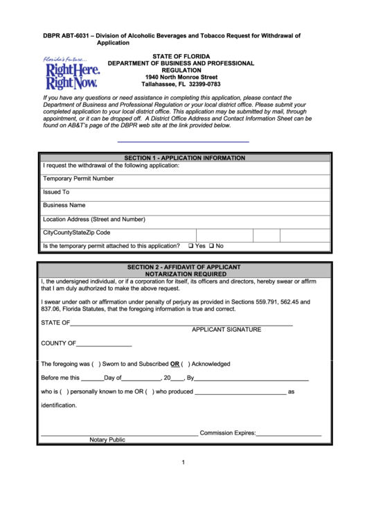 Dbpr Form Abt-6031 - Division Of Alcoholic Beverages And Tobacco Request For Withdrawal Of Application Printable pdf
