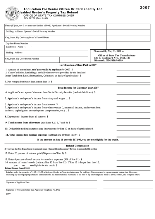 Fillable Form Sfn 27777 - Application For Senior Citizen Or Permanently And Totally Disabled Renter