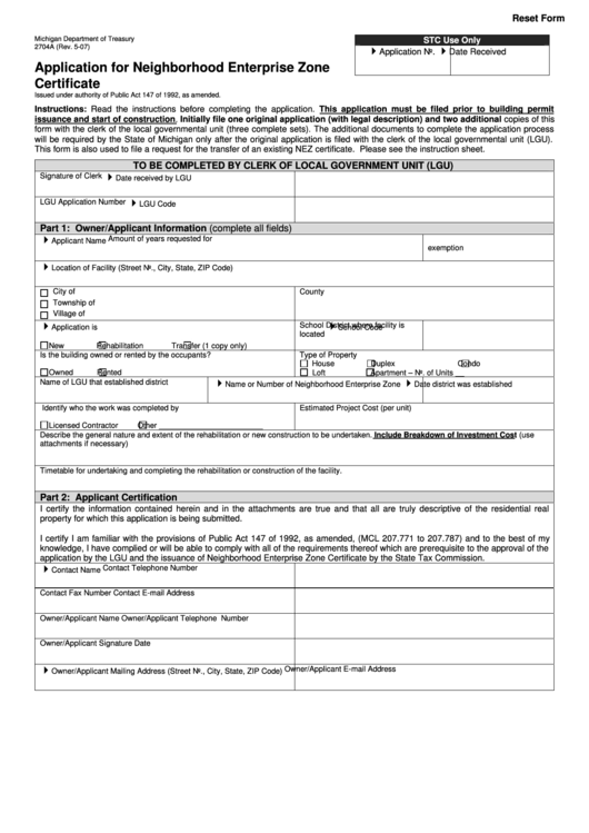 Fillable Form 2704a - Application For Neighborhood Enterprise Zone Certificate Printable pdf