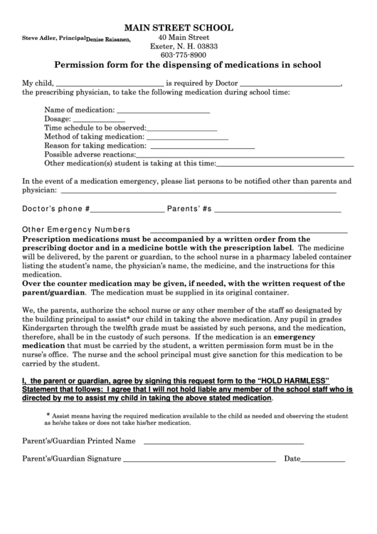 Parental Form For Dispensing Of Medications In School Printable pdf