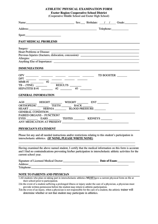Athletic Physical Examination Form Printable pdf