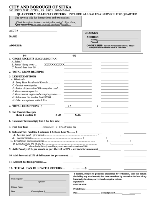 Quarterly Sales Tax Return Form - City And Borough Of Sitka Printable pdf