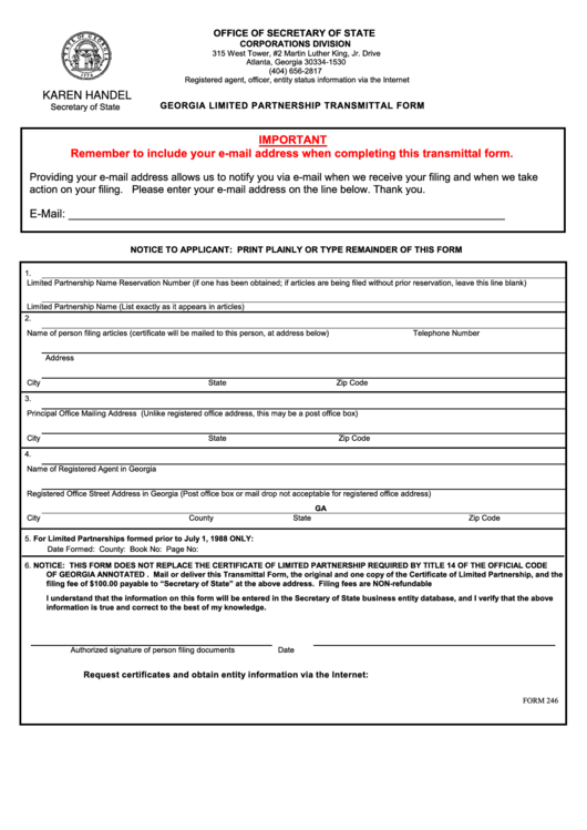 Fillable Form 246 - Georgia Limited Partnership Transmittal Form Printable pdf