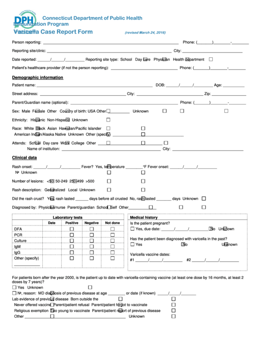 Varicella Case Report Form - Connecticut Printable pdf