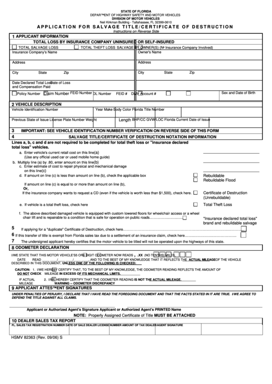 Fillable Form Hsmv 82363 - Application For Salvage Title Certificate Of Destruction Printable pdf