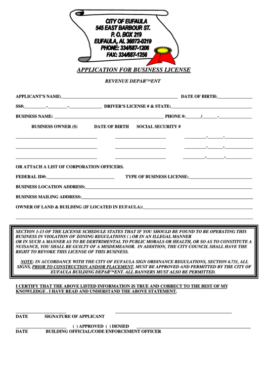 Application For Business License Form - City Of Eufaula, Al Printable pdf