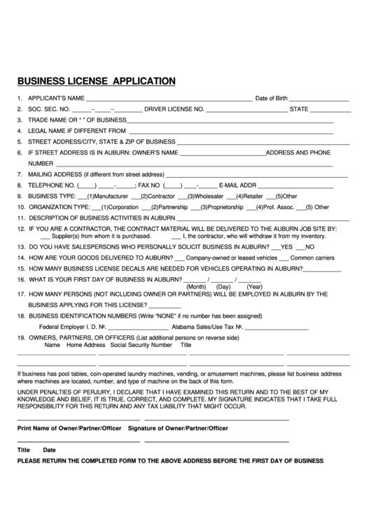 Business License Application Form - City Of Auburn, Oh Printable pdf