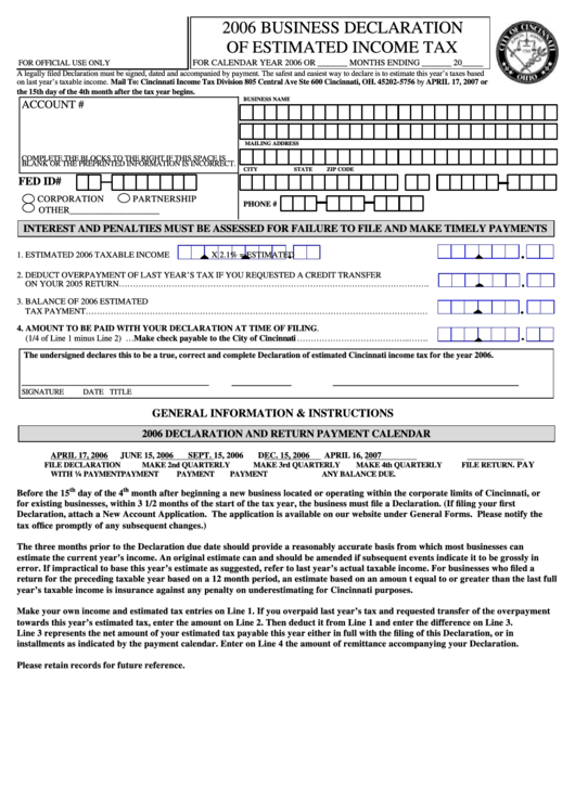 Business Declaration Of Estimated Income Tax Form/form D-1 - Quarterly Payment Of Estimated Net Profit Tax - 2006 Printable pdf